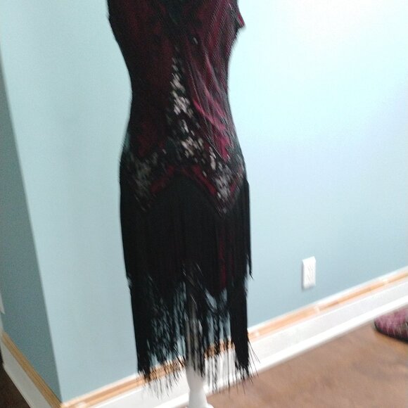 Red & Black Fringed, Beaded, Sequin 1920's Flapper Dress, size XS - Picture 8 of 9